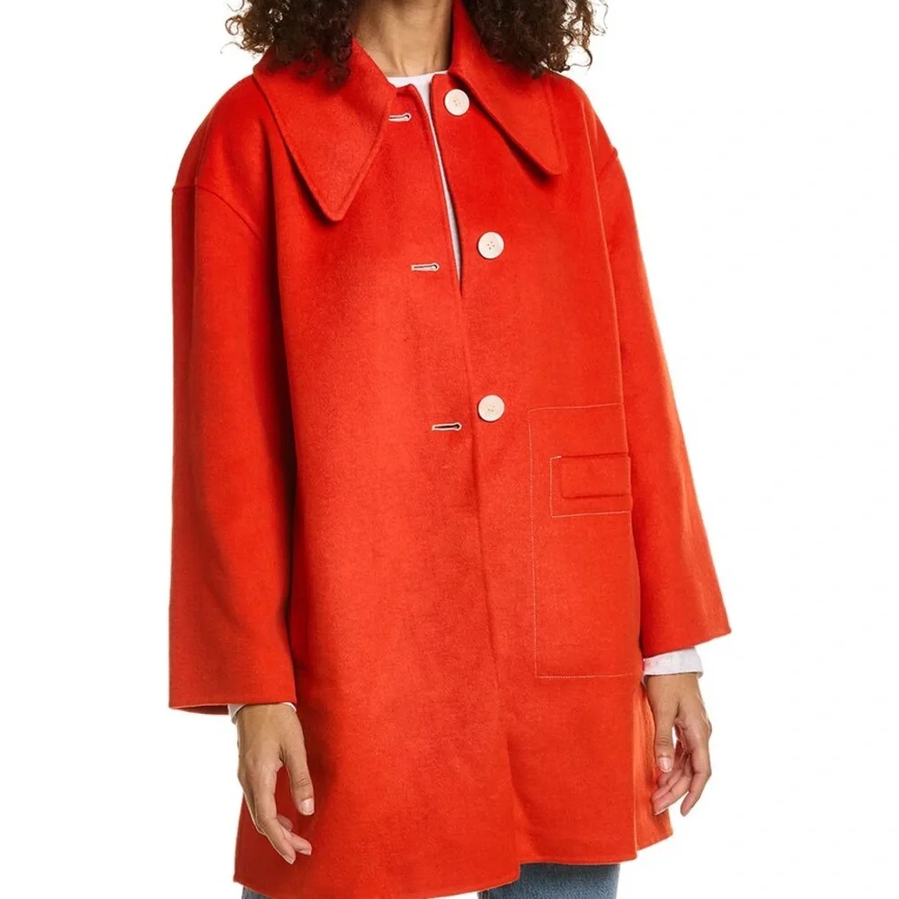 Ganni Vibrant Red Wool Pea Coat with Contrast Buttons - Picture 3 of 3